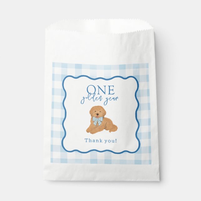 Blue Gingham One Golden Year Boys First Birthday Favour Bags (Front)