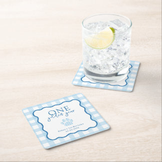 Blue Gingham One Golden Year First Birthday Square Paper Coaster