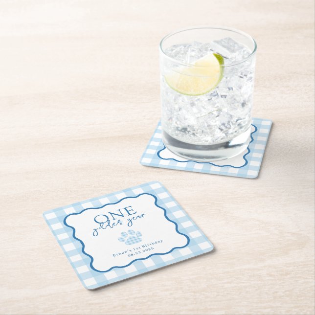 Blue Gingham One Golden Year First Birthday Square Paper Coaster (Insitu)