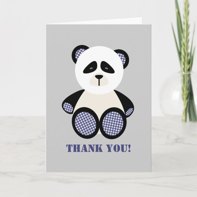 Blue Gingham Panda Bear Baby Shower Thank You (Front)