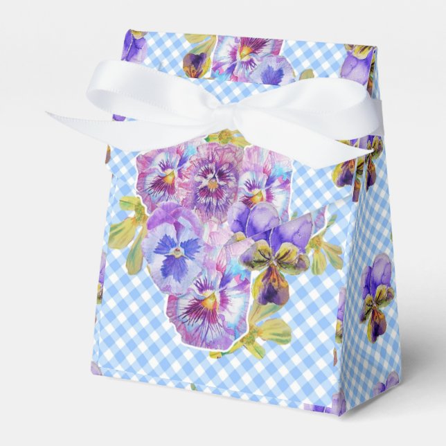 Blue Gingham Pansy Floral Wedding Party Cake Favour Box (Front Side)