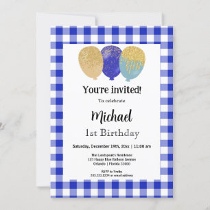 Blue Gingham, Party Balloons 1st Birthday Invitation