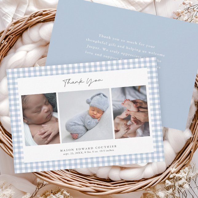 Blue Gingham Pattern Boys 3 Photo Thank You Card (Blue Gingham Check Baby Boys 3 Photo Thank You Note Cards.)