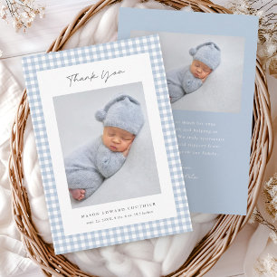 Blue Gingham Pattern Boys Baby Thank You Card