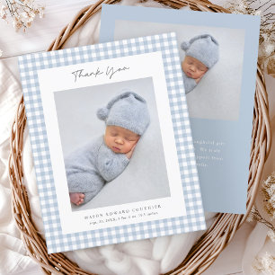 Blue Gingham Pattern Boys Photo Thank You Card