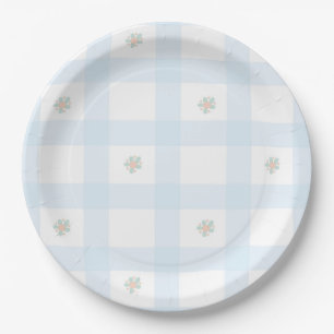 Blue Gingham Pattern Floral CartoonParty Supplies Paper Plate
