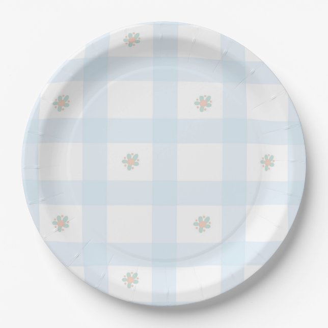 Blue Gingham Pattern Floral CartoonParty Supplies Paper Plate (Front)