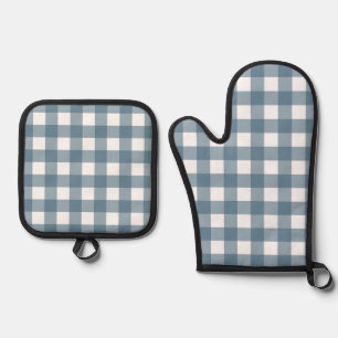 Blue Gingham Pattern Oven Mitt & Pot Holder Set