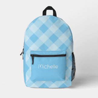 Blue Gingham Pattern Personalised Name  Printed Backpack