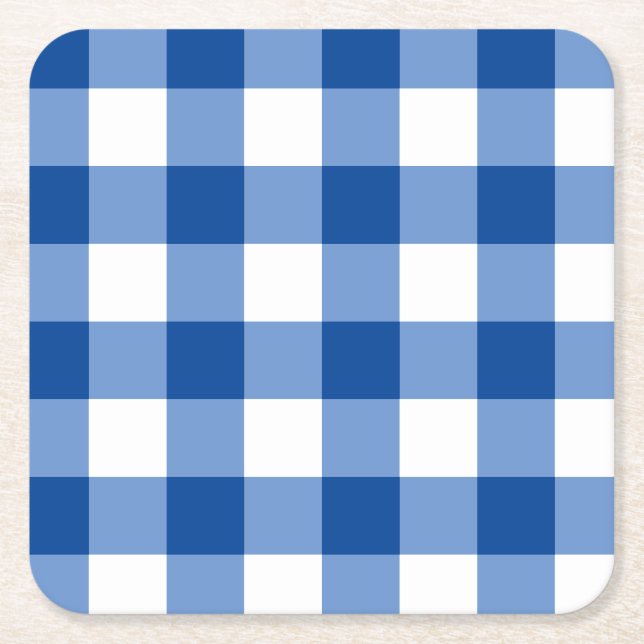 Blue gingham pattern square paper coaster (Front)