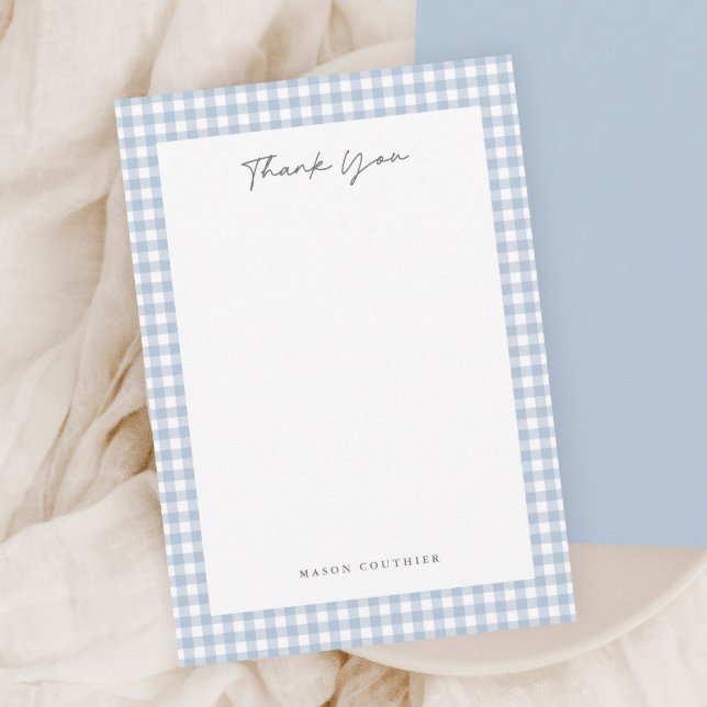 Blue Gingham Pattern  Thank You Card (Blue gingham thank you note cards.)