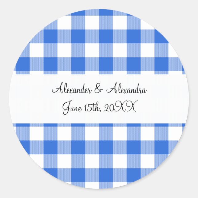 Blue gingham pattern wedding favours classic round sticker (Front)