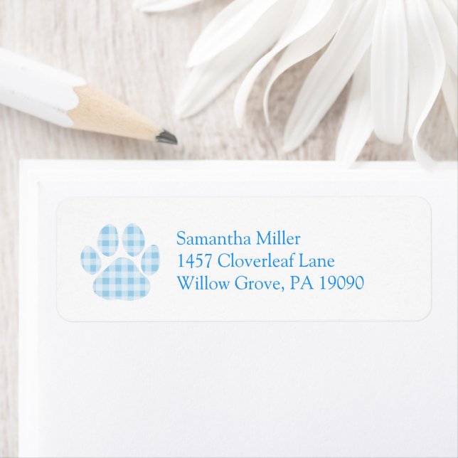 Blue Gingham Paw Print Return Address Label (Insitu)