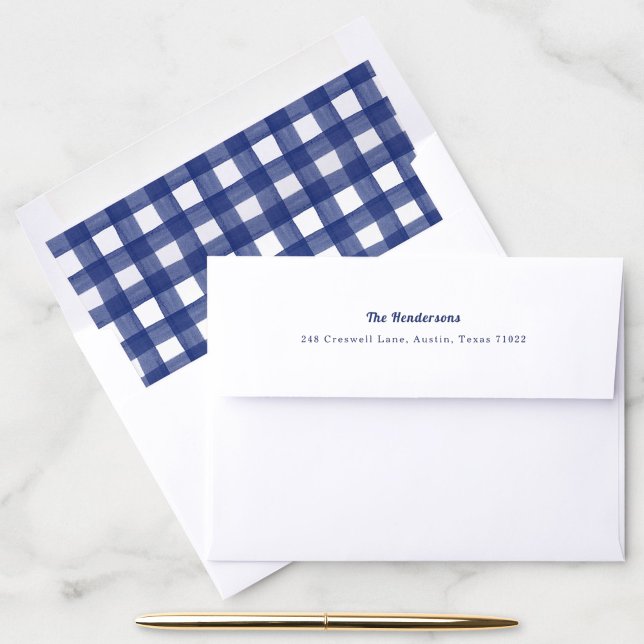 Blue Gingham Personalised Return Address Envelope (Blue and white gingham liner inside a fun return address envelope.)