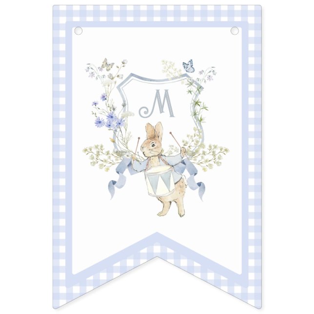 Blue Gingham Peter the Rabbit Baby Shower MUTED BL Bunting (Fifth Flag)