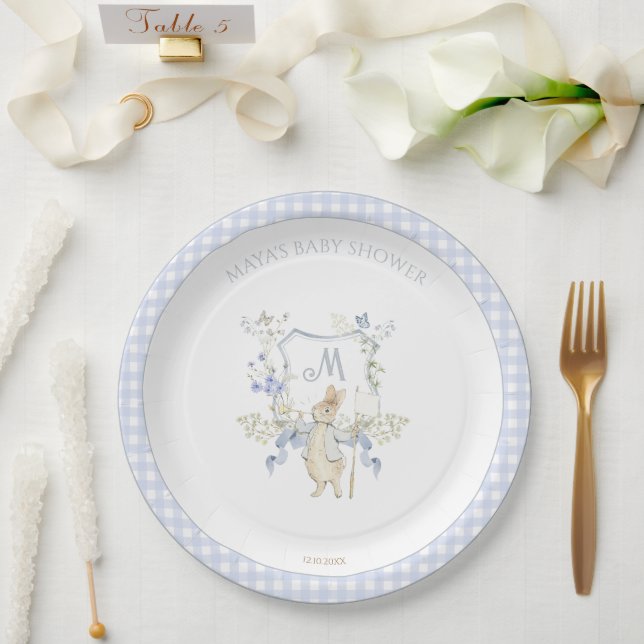Blue Gingham Peter the Rabbit Baby Shower MUTED BL Paper Plate (Wedding)