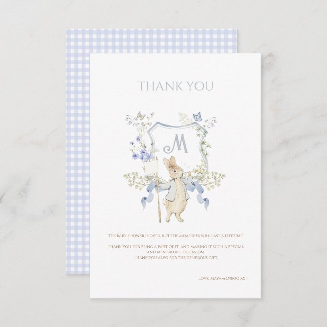 Blue Gingham Peter the Rabbit Baby Shower MUTED BL Thank You Card (Front/Back)