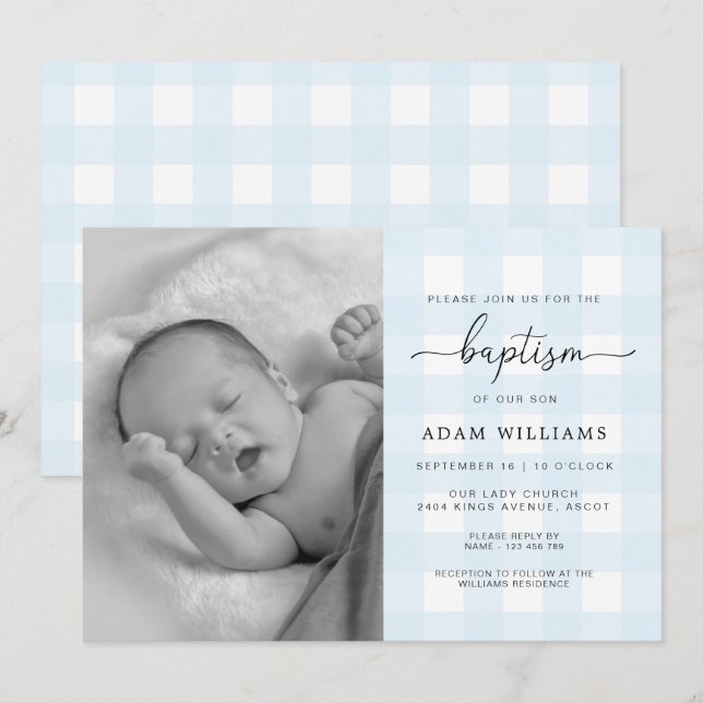 Blue Gingham Photo Baptism Invitation (Front/Back)