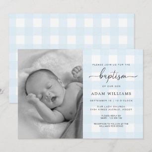 Blue Gingham Photo Baptism Invitation