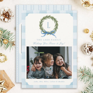 Blue Gingham Photo Christmas Cards Monogram Wreath