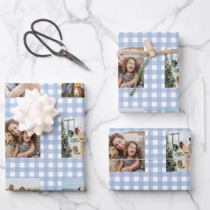 Blue Gingham Photo Collage Wrapping Paper Sheet