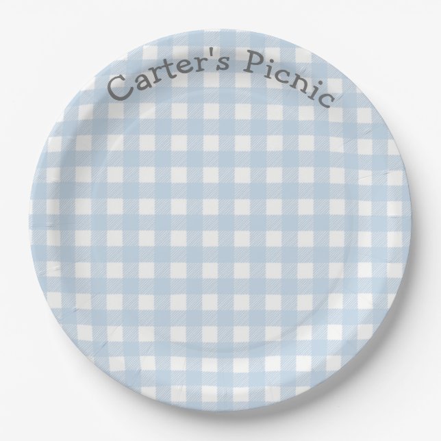 Blue Gingham Picnic Print Baby Birthday Party Paper Plate (Front)