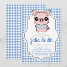 Blue Gingham Piggy Baby Shower Invitation