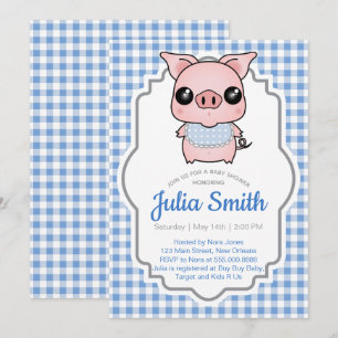 Blue Gingham Piggy Baby Shower Invitation