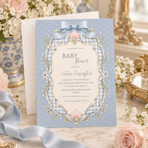 Blue Gingham Pink Floral Vintage Baby Shower Invitation