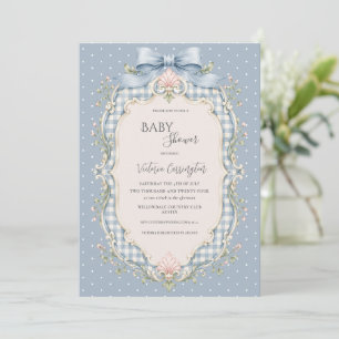Blue Gingham Pink Floral Vintage Baby Shower Invitation