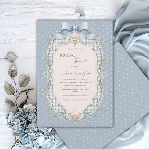 Blue Gingham Pink Floral Vintage Bridal Shower Invitation