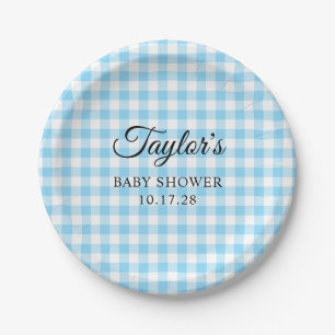 Blue Gingham Plaid Baby Shower Paper Plate