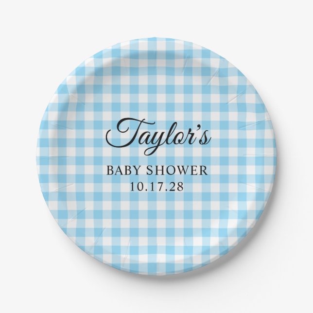 Blue Gingham Plaid Baby Shower Paper Plate (Front)