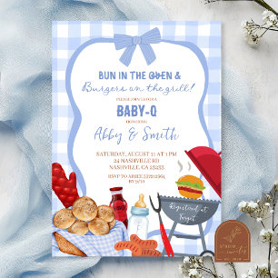 Blue Gingham Plaid BabyQ baby shower Invitation