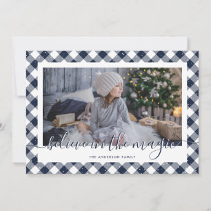 Blue Gingham Plaid Believe In the Magic Photo Holiday Card