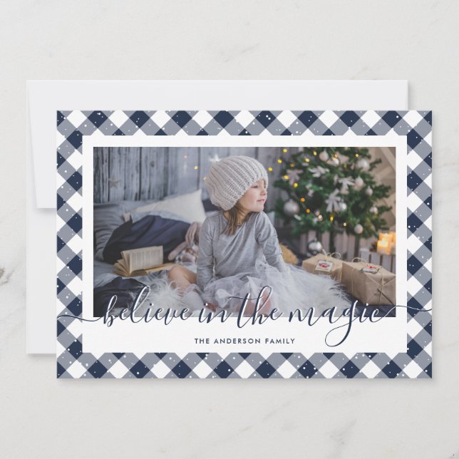 Blue Gingham Plaid Believe In the Magic Photo Holiday Card (Front)