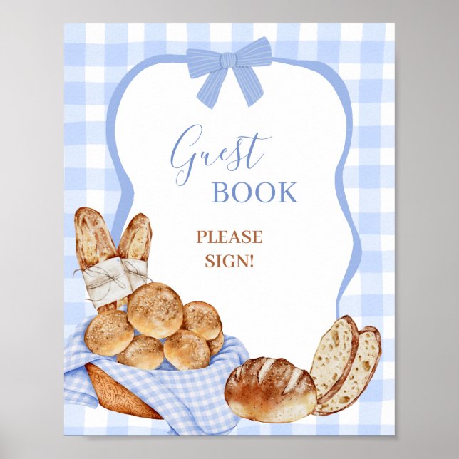 Blue Gingham Plaid Bun Guest Book Party Sign (Front)