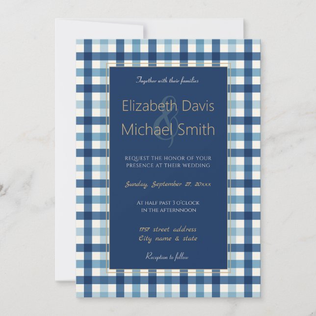 Blue Gingham Plaid Chequered Pattern Invitation (Front)