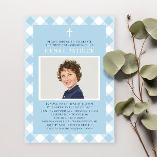 Blue Gingham Plaid First Communion Boy Photo Invitation