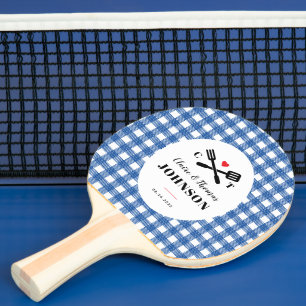 Blue Gingham Plaid Grill Monogram Wedding Ping Pong Paddle