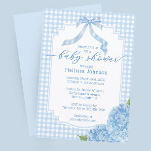 Blue Gingham Plaid Hydrangea Baby Shower Invitation