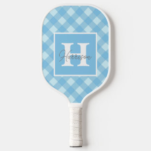 Blue Gingham Plaid Monogram and Name Personalised  Pickleball Paddle