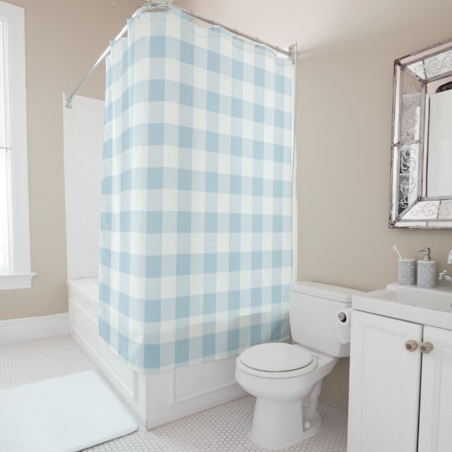 Blue Gingham Plaid Pattern Coastal Shower Curtain (In Situ)