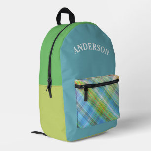 Blue Gingham Plaid Pattern Personalised Name Printed Backpack