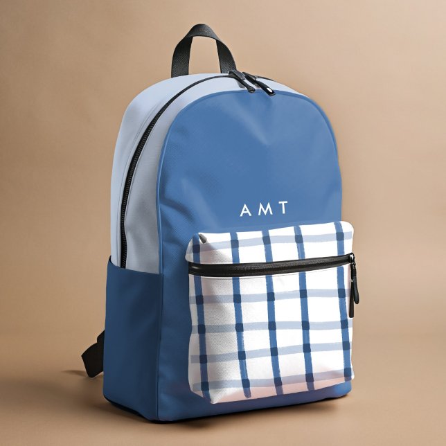 Blue Gingham Plaid Personalised Name Initials Printed Backpack (Blue and white hand-drawn plaid personalized school backpack.)