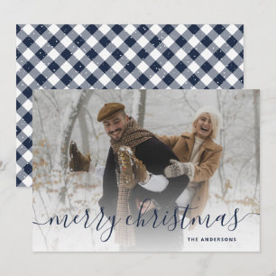 Blue Gingham Plaid Photo Merry Christmas Holiday Card