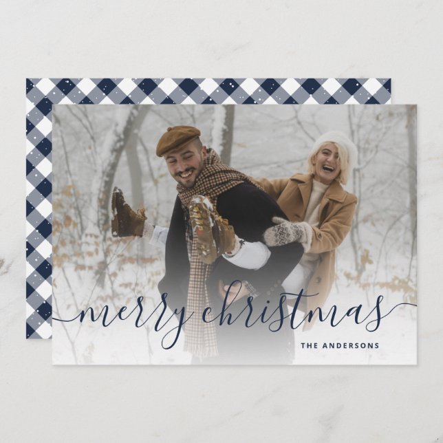 Blue Gingham Plaid Photo Merry Christmas Holiday Card (Front/Back)