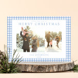 Blue Gingham Plaid Two Photo Holiday Card<br><div class="desc">Create your own custom photo Christmas cards featuring two of your family pictures alongside personalised minimalist typography name and year on a cute blue gingham plaid pattern background.</div>