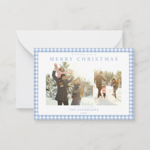Blue Gingham Plaid Two Photo Mini Holiday Card