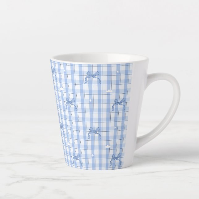 Blue Gingham Plaid with Elegant Bows Latte Mug (Right)